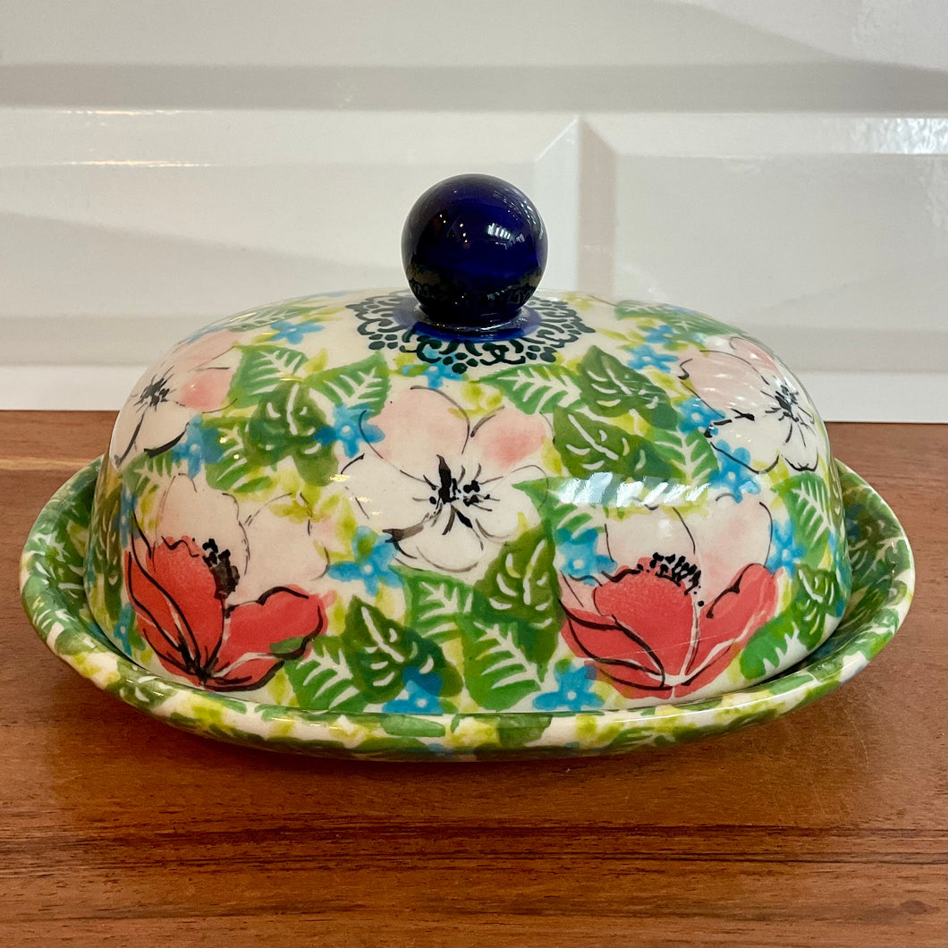 Pink and Red Flower Oval Butter Dish