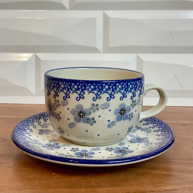 Blue grey and white Cup and Saucer
