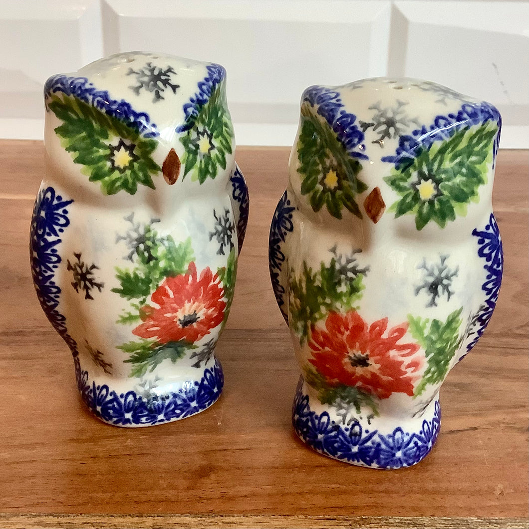 Kalich Red Flower And Greenery Owl Salt and Pepper Shakers