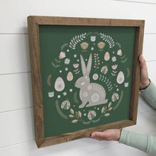 Easter Art- Green Folk Bunny- Small Canvas and Aged Frame: 6x6" Mini Canvas Art with Wood Box Frame