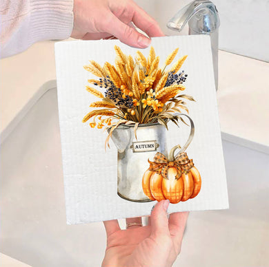 Fall Autumn Wheat Checkered Pumpkins SWEDISH DISH CLOTH