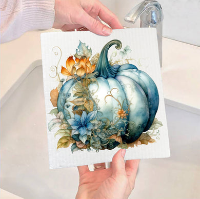 Fall Autumn Blue Pumpkin Flowers SWEDISH DISH CLOTH