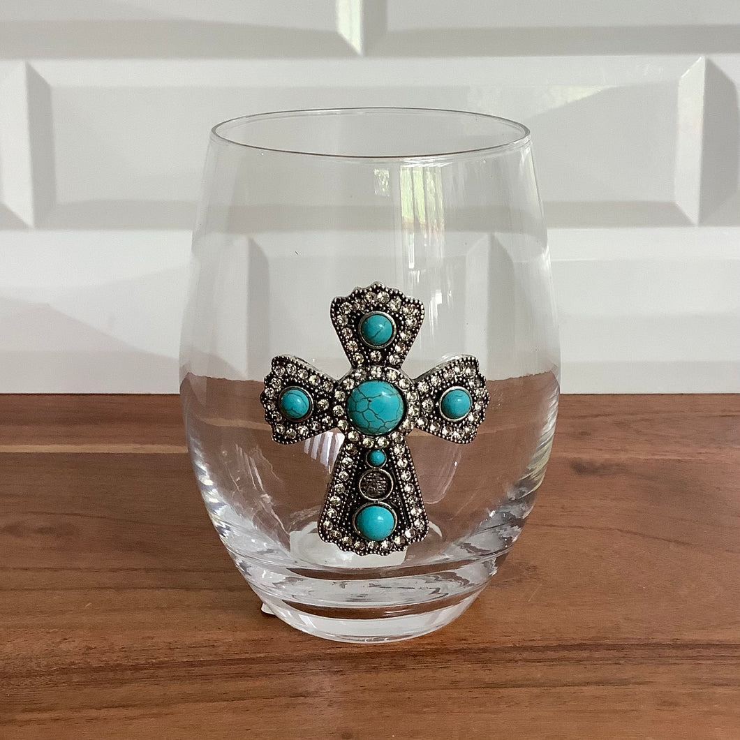 Turquoise Cross Jeweled Stemless Wine Glass