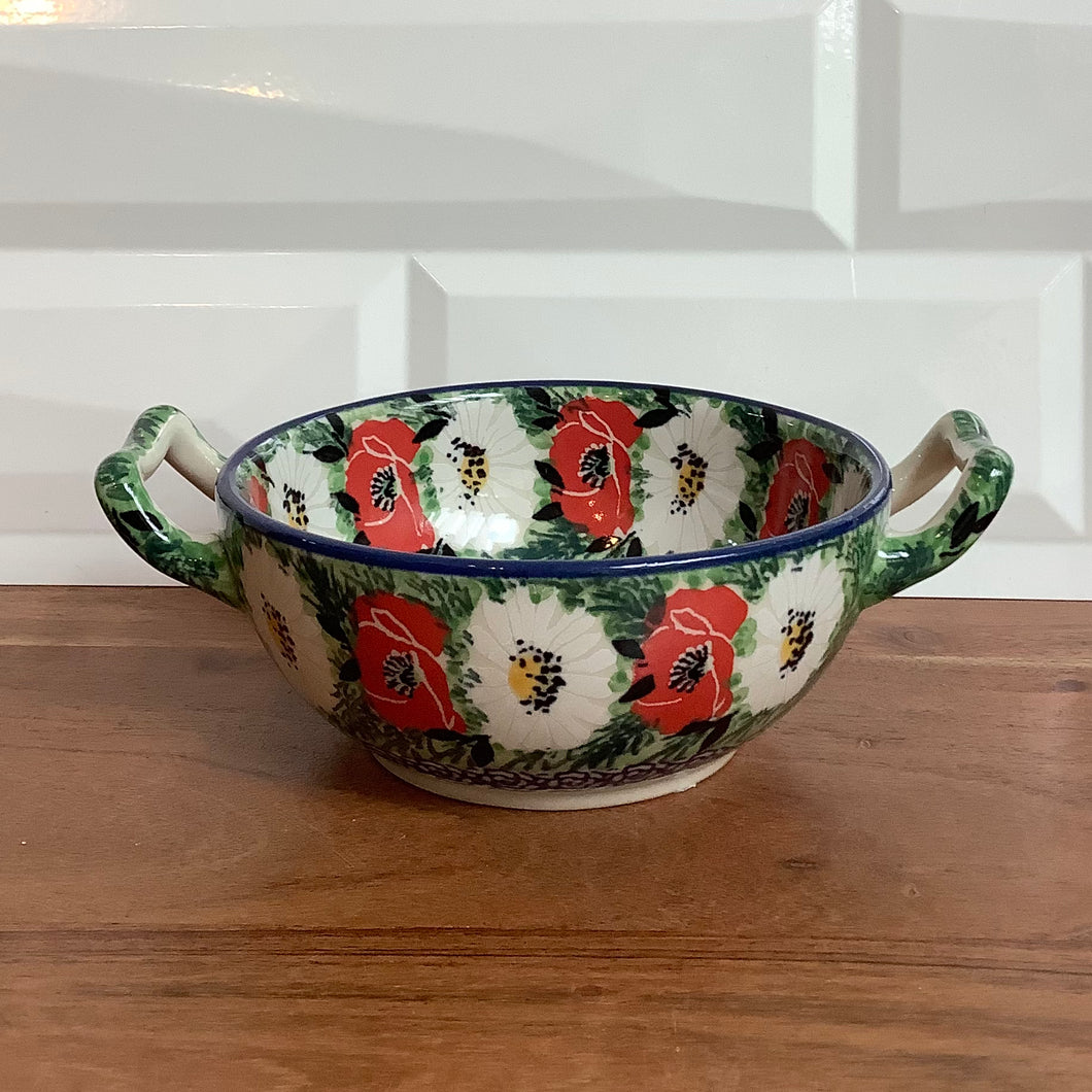 Unikat Bowl WIth Handles White & Red Flower