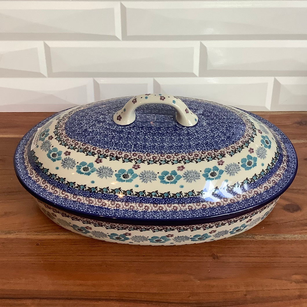 Blue and Puprle Flower Oval Baker with Cover
