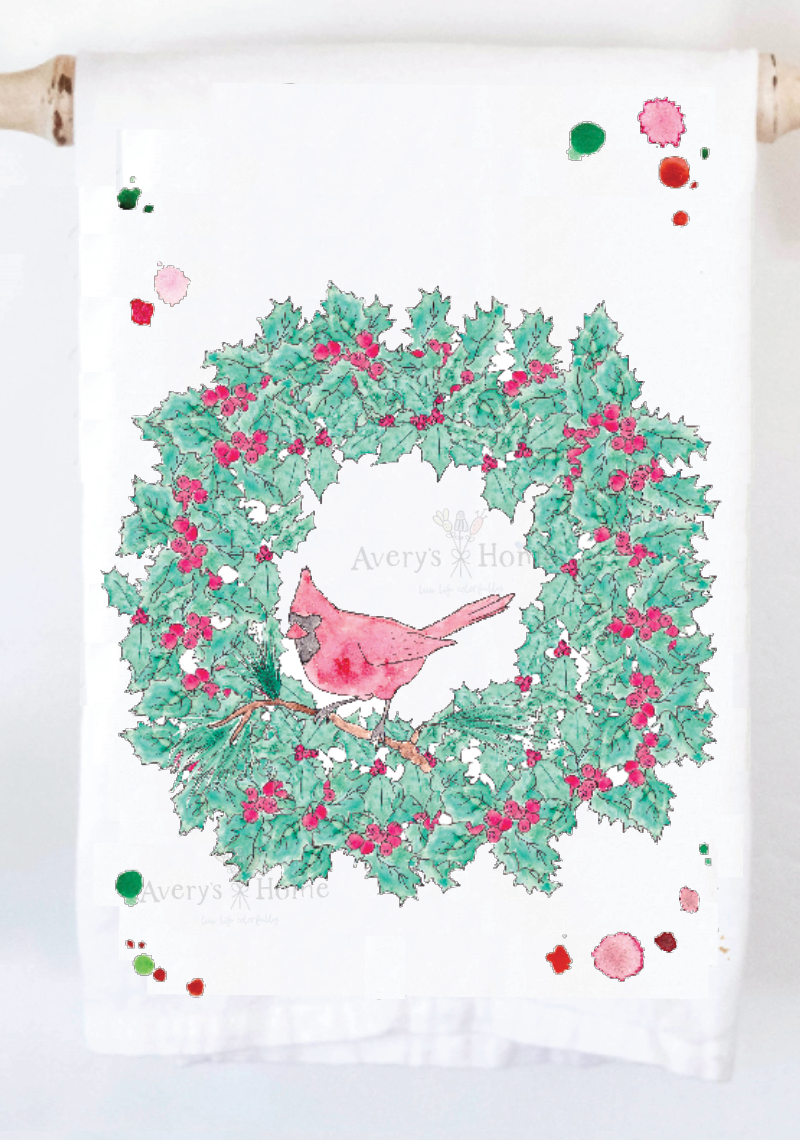 Cardinal Christmas Wreath Holiday Customizable Kitchen Towel: Standard