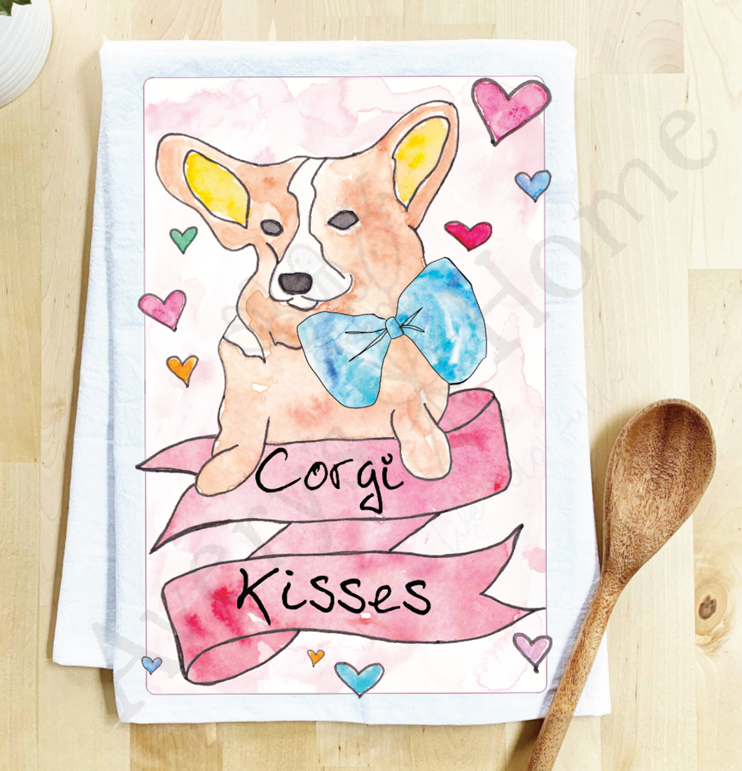 Corgi Puppy Kisses Valentines Day Kitchen Towel