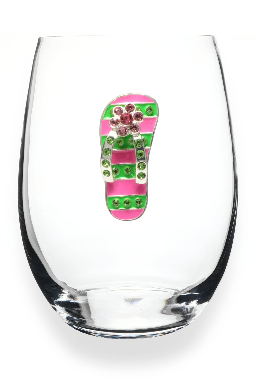 Pink and Green Flip Flop Jeweled Stemless Wine Glass