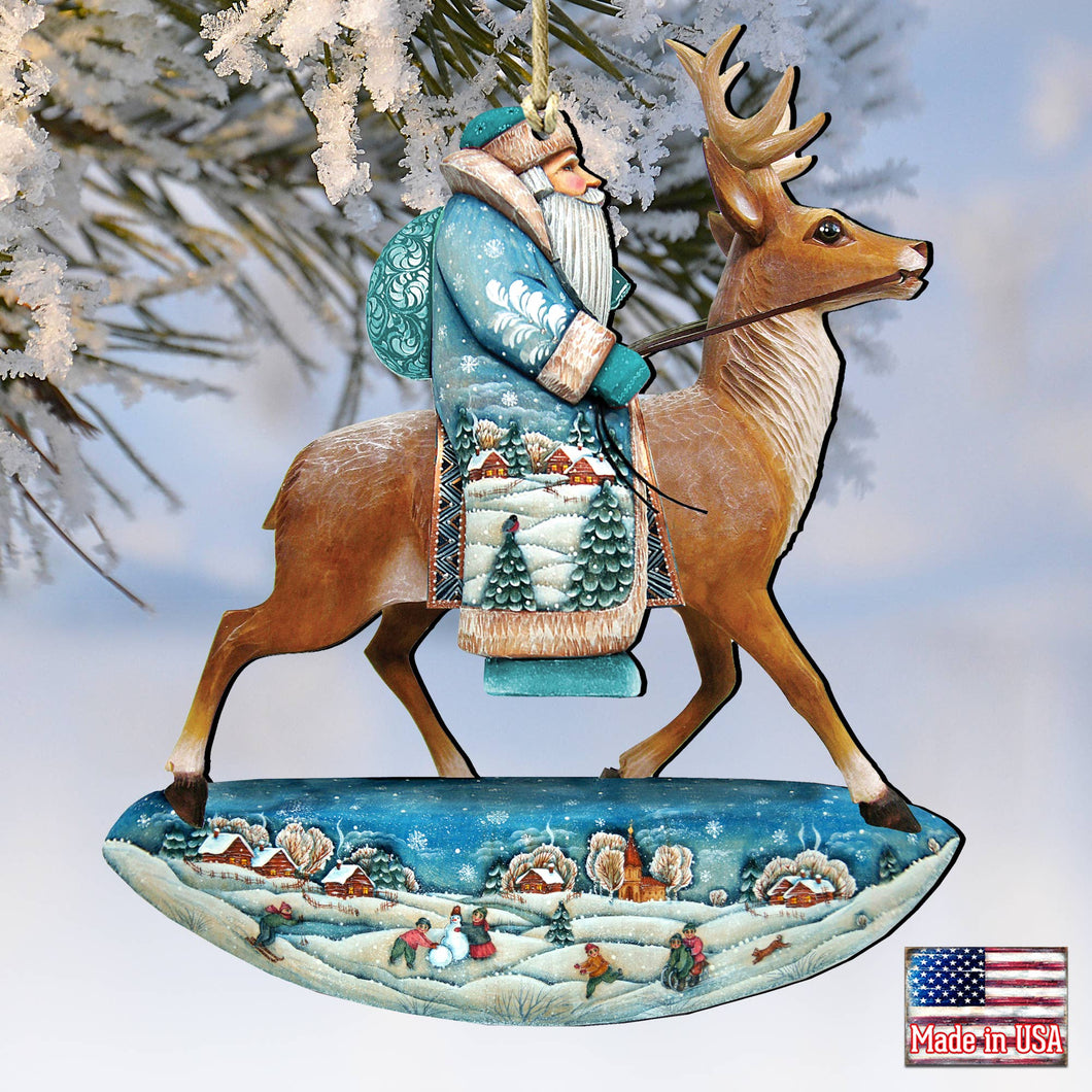 Reindeer Ride Santa Wood Ornament