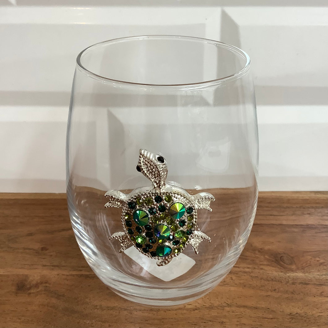 Sea Turtle Jeweled Stemless Wine Glass